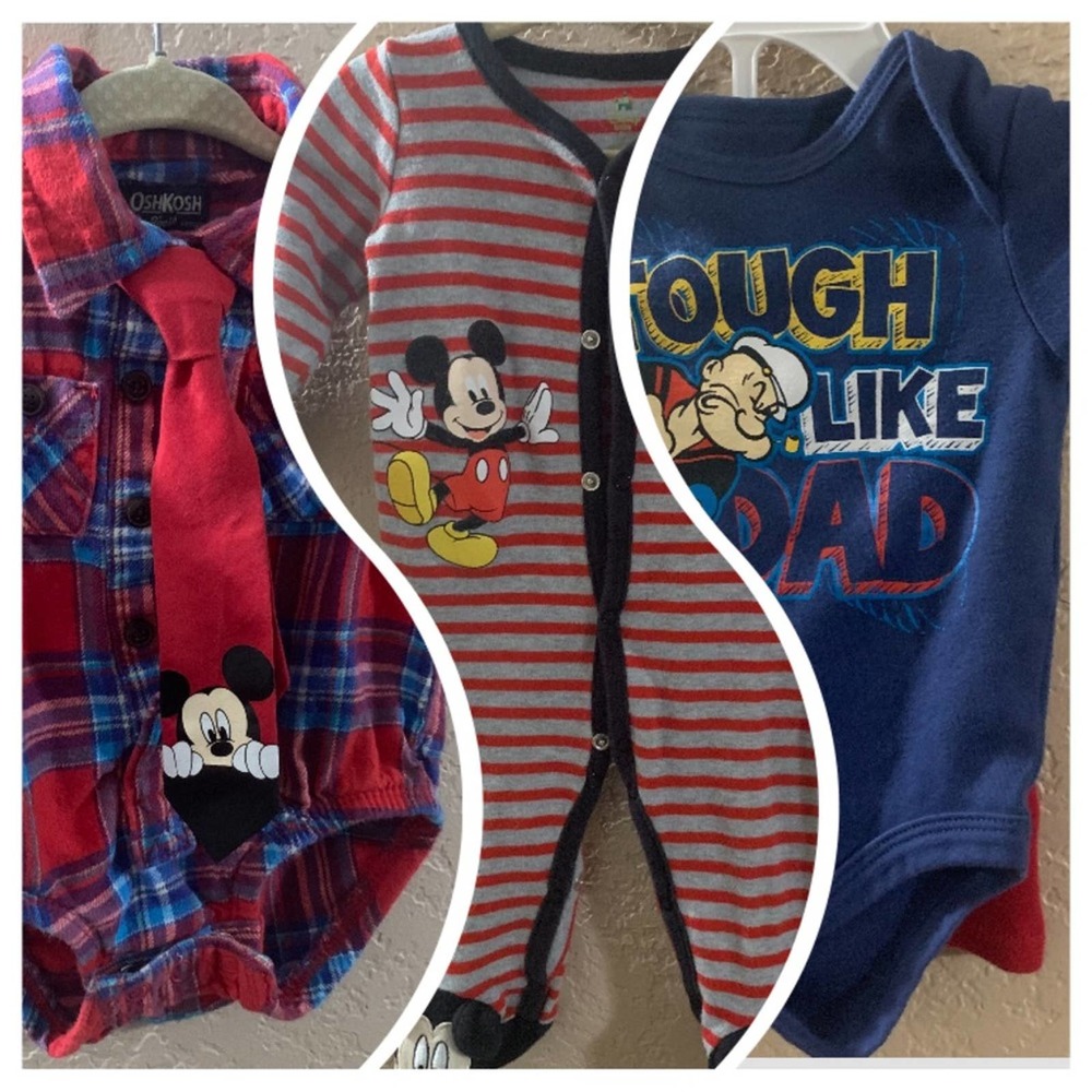 Disney Oshkosh baby boy button up flannel Mickey Mouse tie onesie sleeper shorts